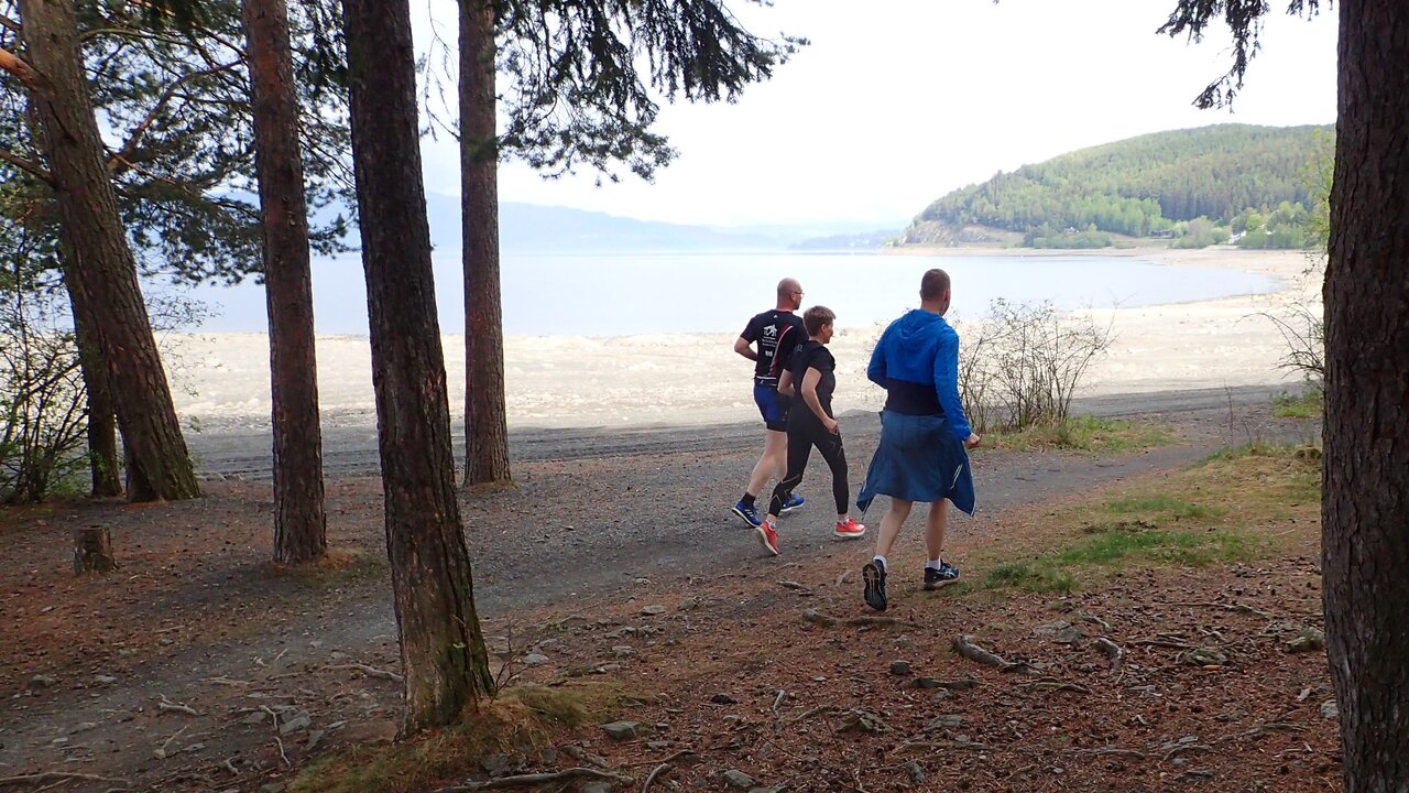 Tre løpere som løper kyststien langs Mjøsa fra Domkirkeodden mot Storhamar
