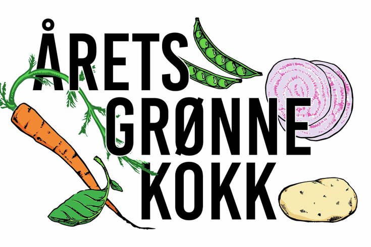 Logo for Årets Grønne Kokk med illustrerte grønnsaker: gulrot, ertekapsler, rødløk, potet og et blad.